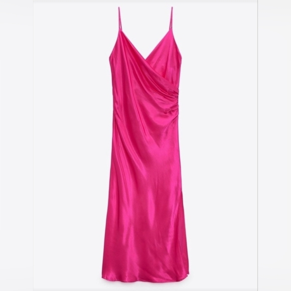 Zara Women's Hot Pink Fuchsia Satin Surplice Neckline Ruched Wrap Midi Dress, XS - Picture 1 of 12